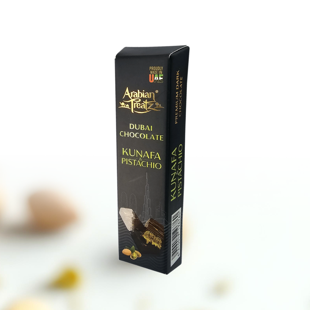 Arabian chocolates, kunafa pistachio, premium chocolate, made in UAE, 50g bar