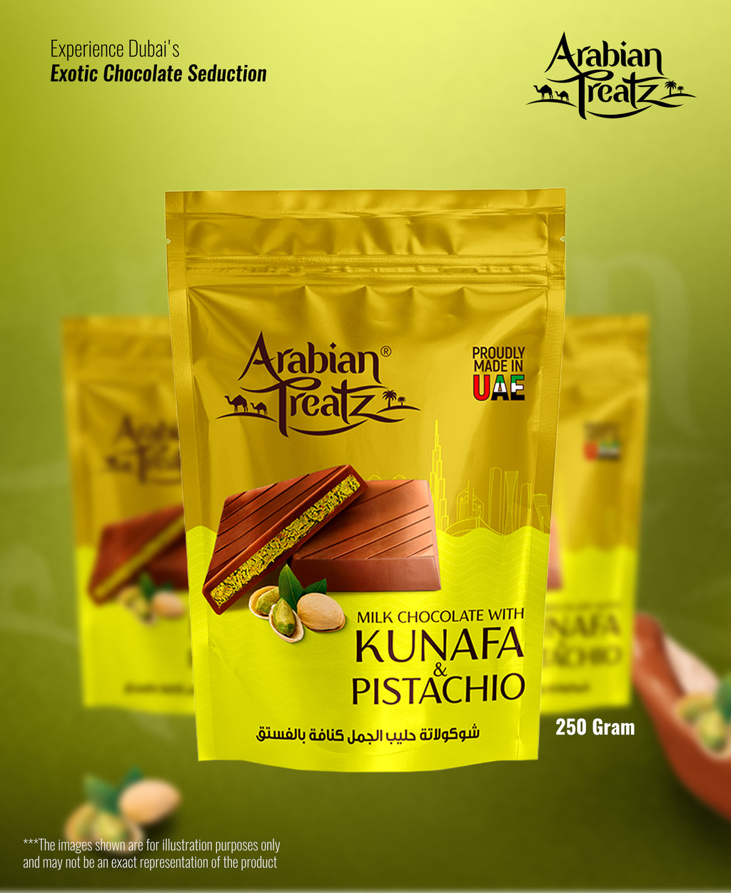 Arabian Treatz Milk Chocolate with Kunafa & Pistachio – 250g (Made in UAE)