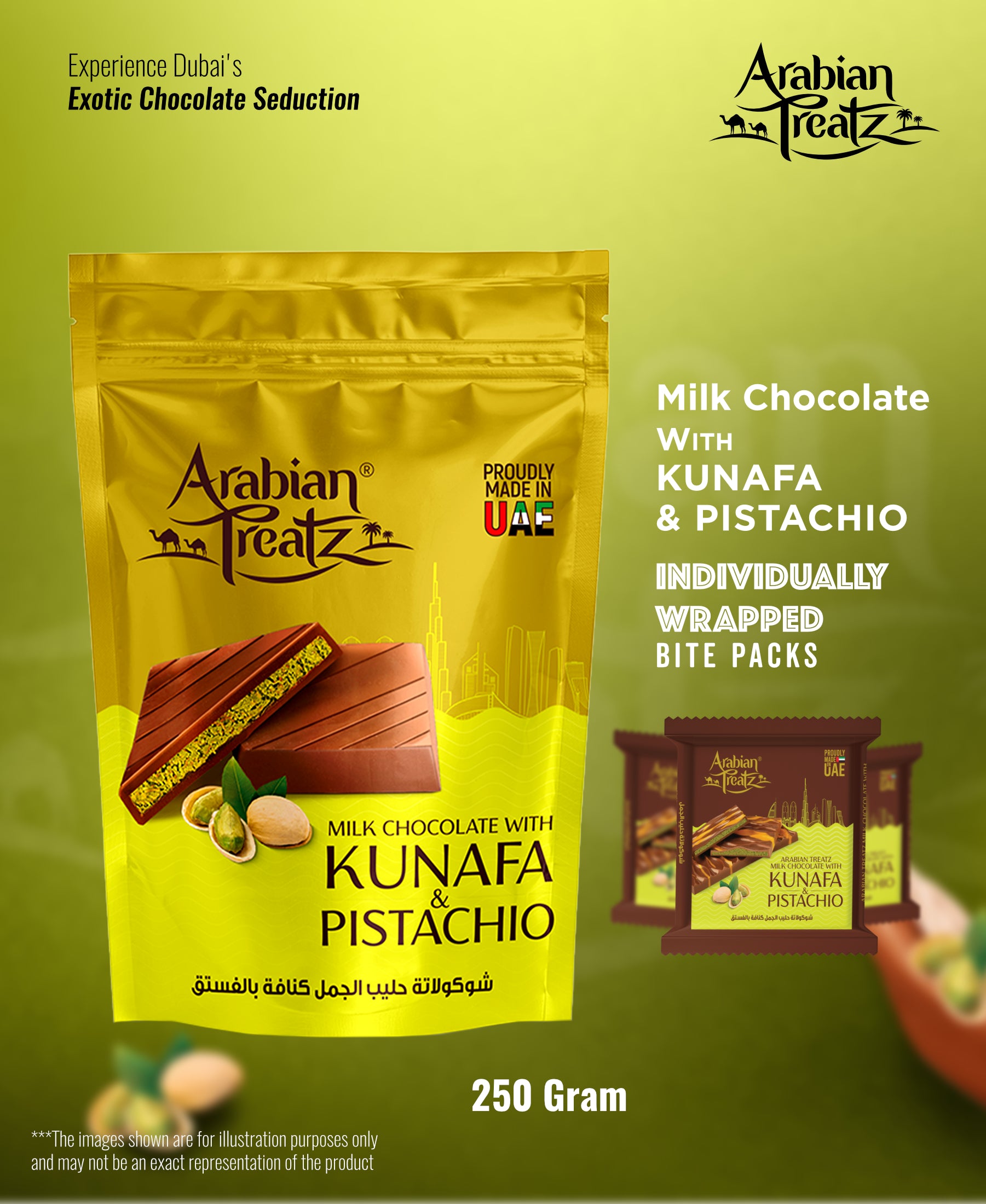 Arabian Treatz Milk Chocolate with Kunafa & Pistachio – 250g (Made in UAE)