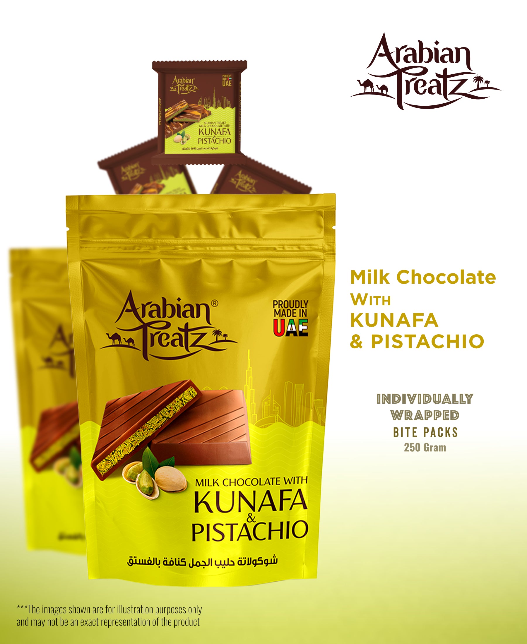 Arabian Treatz Milk Chocolate with Kunafa & Pistachio – 250g (Made in UAE)